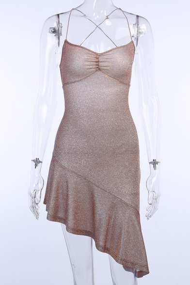 Pink Glitter Fashion Criss Cross Back Ruffle Asymmetric Hem Cocktail Party Dress