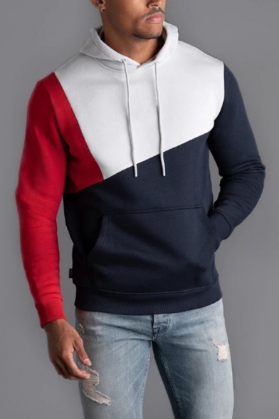 Men's Simple Cut and Sew Panel Long Sleeves Fitted Slim Color Block Drawstring Hoodie