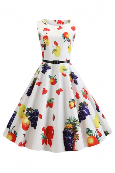 

Pretty Vintage Sleeveless Boat Neck All Over Fruit Printed Belted Mid Pleated Swing Dress for Ladies, Blue;pink;white;apricot;beige;cream;yellow;sky blue;light pink;navy, LM584912