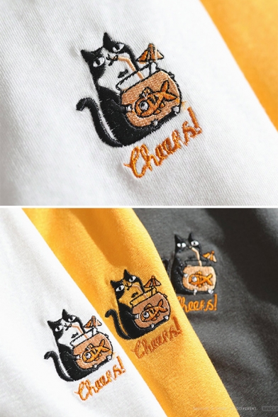 Simple Cat Embroidery Printed Short Sleeve Crew Neck Basic Cotton T-Shirt
