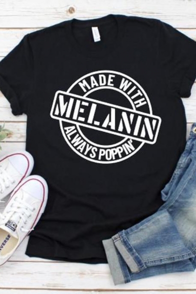 

Simple Letter MELANIN Printed Short Sleeves Black Casual T-Shirt, LC590811