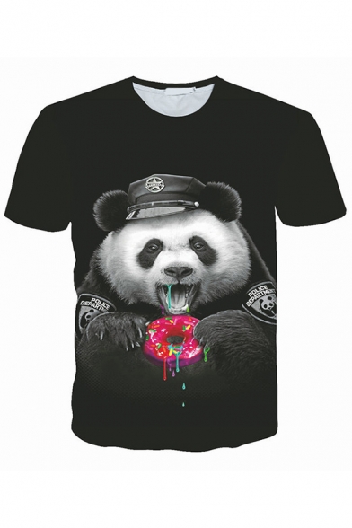 Summer Casual Panda Donut 3D Print Round Neck Short-Sleeved T-Shirt in Black