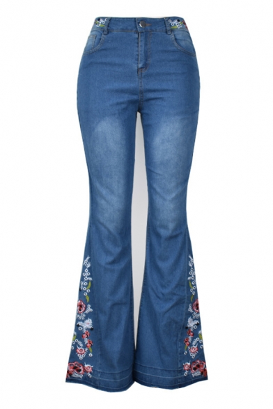 Chic Street Ladies' High Waist Floral Embroidered Bleach Full Length Flared Jeans