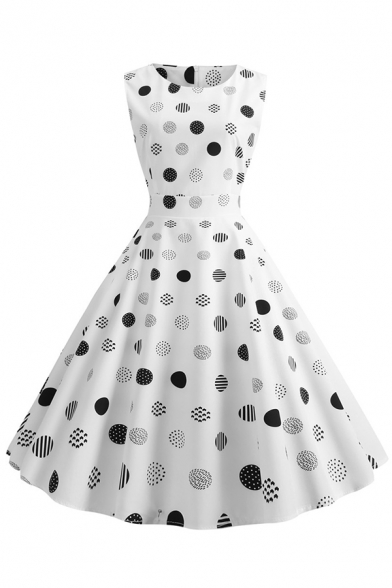 Cute Pretty Girls' Sleeveless Round Neck Polka Dot Print Maxi Pleated Flared Dress