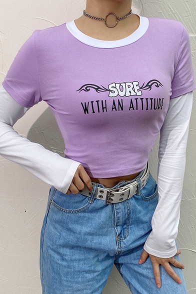 New Trendy Letter SURE WITH AN ATTITUDE Print Colorblock Panel Long Sleeves Cropped Tee
