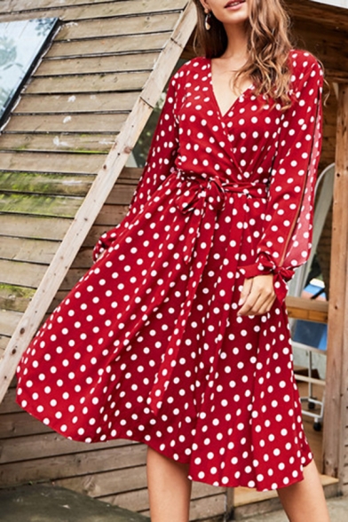 Red Elegant Polka Dot Printed Surplice Neck Bowtie Long Sleeves Tie Waist Midi Wrap Dress