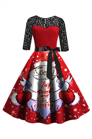 Red Vintage Three-Quarter Sleeve Boat Neck Mesh Patched Santa Claus Print Bow Tie Waist Midi Pleated Flared Dress for Women