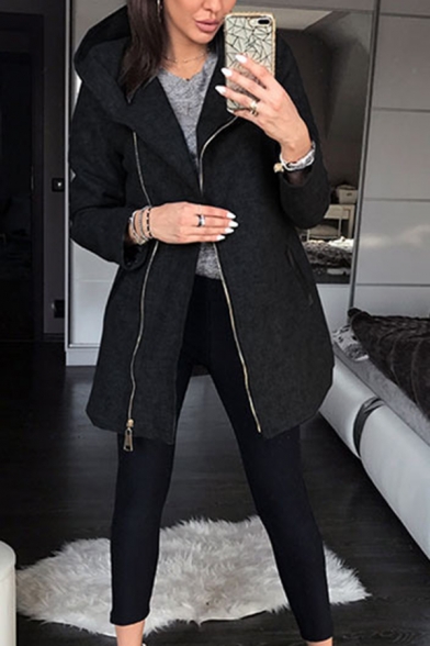 Stylish Ladies' Long Sleeve Hooded Zipper Front Pockets Side Plain Fitted Longline Jacket