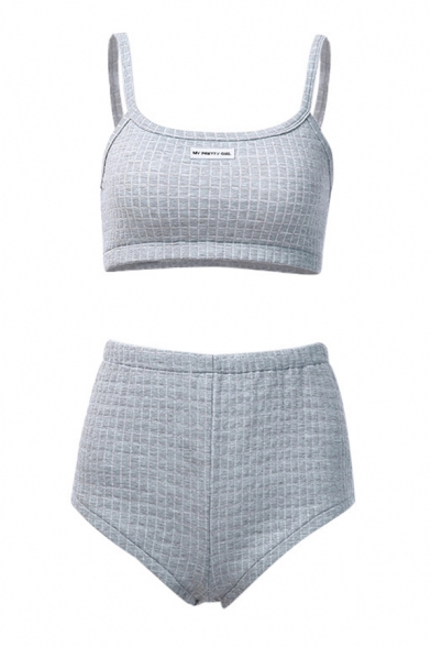 Womens Sexy Letter Printed Crop Cami Tank with Checked Embossed Shorts Gray Leisure Co-ords