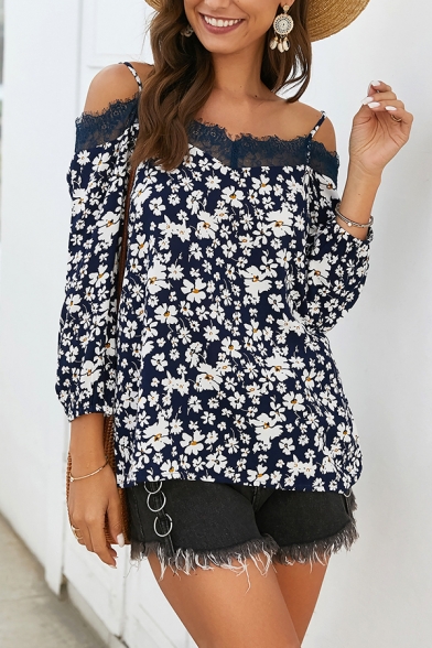 Adorable Ladies' Long Sleeve Cold Shoulder Lace Panel All Over Flower Printed Relaxed Fit Blouse