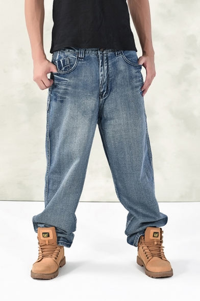 New Stylish Plain Zipper Placket Washed-Denim Wide Leg Pants Streetwear Jeans