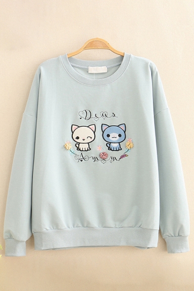 Preppy Style Cartoon Cat Floral Pattern Long Sleeves Round Neck Pullover Sweatshirt