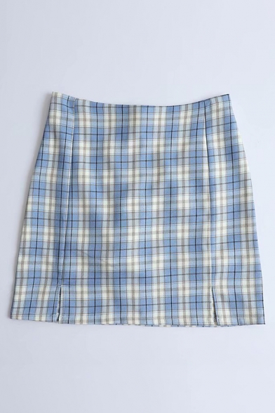 Women's Cute High Rise Zipper Back Plaid Pattern Slit Side Short A-Line Skirt