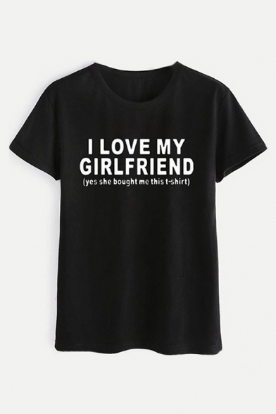 Black Casual Letter I LOVE MY GIRLFRIEND Printed Short Sleeves Round Neck Summer Tee