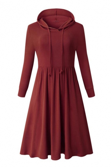 Casual Women's Long Sleeve Hoodie Drawstring Plain Midi Pleated A-Line Sweatshirt Dress
