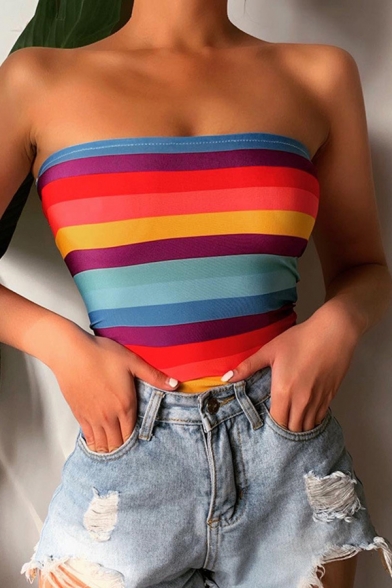 Classic Rainbow Stripe Printed Strapless Fitted Cropped Bandeau Tank Top