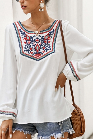 

Ethnic Women' White Long Sleeve Round Neck Floral Printed Relaxed Fit Shirt, LM592109