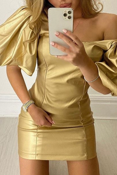 Glamorous Ladies Plain Gold Metallic Puff Sleeve Scoop Neck Cocktail Party Mini Dress