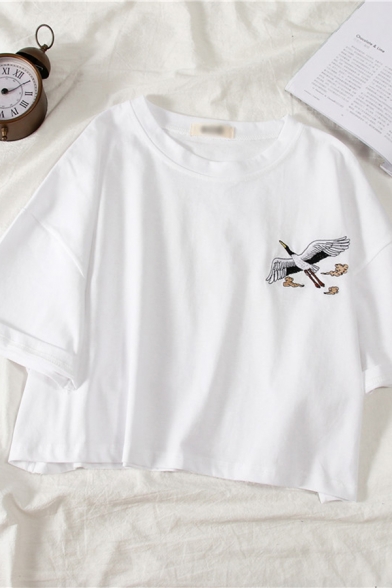 Hot Popular Crane Pattern Short Sleeves Round Neck Summer T-Shirt