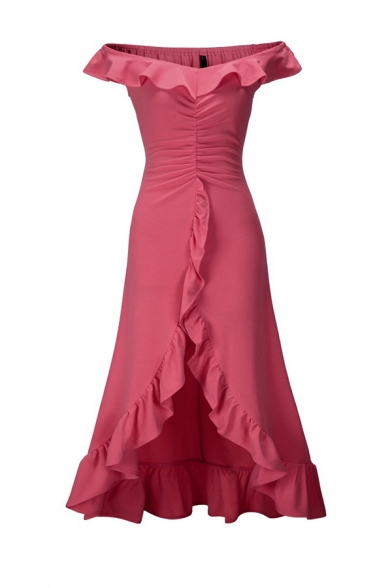 Sexy Ruffle Embellished Off Shoulder Ruched Front High Low Hem Solid Color Gown Dress