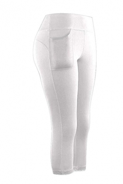 Sport Women's Mid Rise Pockets Side Cropped Leg Plain Stretchy Skinny Pants