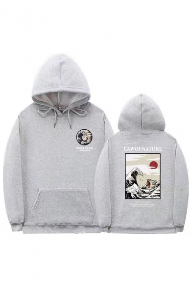 Japanese Letter Cartoon Figure Printed Long Sleeve Baggy Pullover Hoodie with Pocket