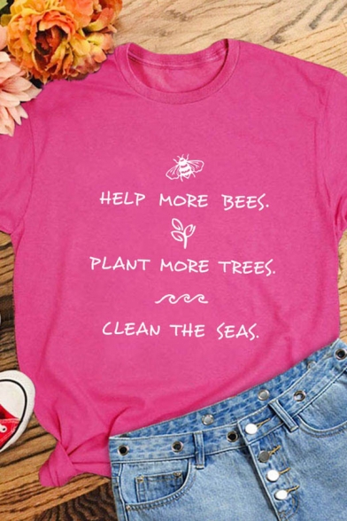 Letter HELP MORE BEES PLANT MORE TREES CLEAN THE SEAS Printed Short Sleeve Loose Tee