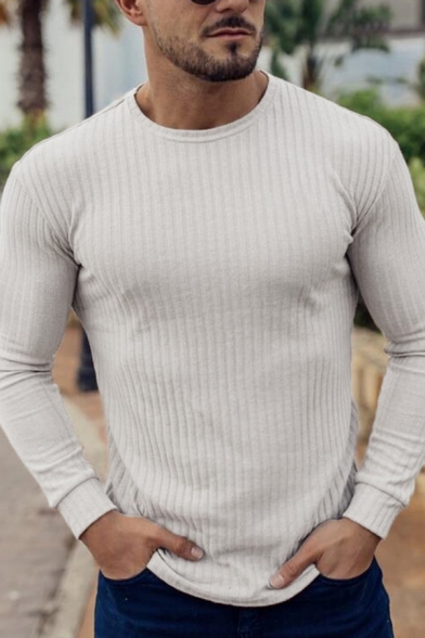 Men's Casual Simple Plain Long Sleeves Round Neck Slim Fitted Knitwear Sweater