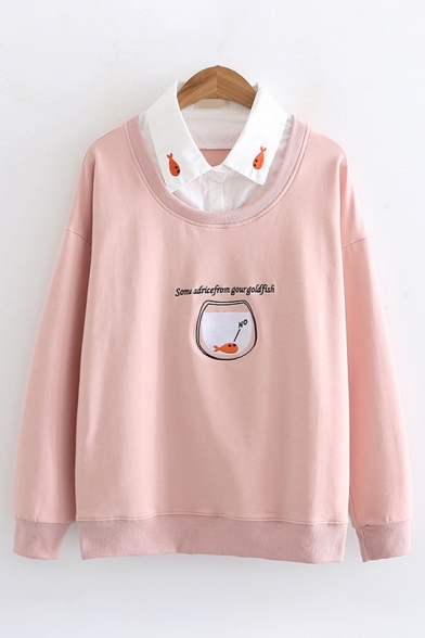 Mori Girls Fashion Embroidery Fish Letter Printed Long Sleeves Patched Collar Oversized Sweatshirt