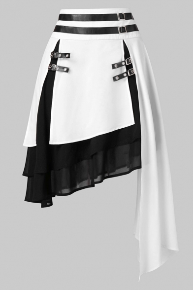 Girls' Unique Cool High Waist Buckle Belt Contrasted Tiered Asymmetric Hem Short A-Line Skirt