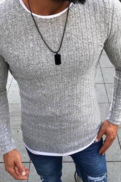 Men's Popular Solid Color Long Sleeves Crew Neck Ribbed Knit Pullover Sweater