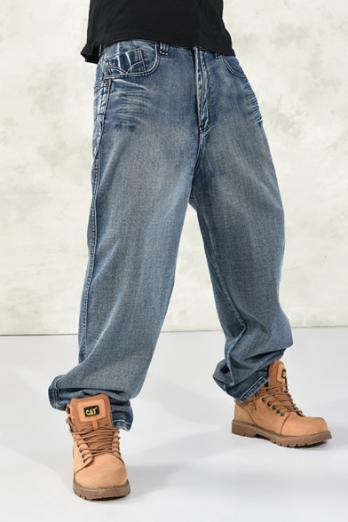 New Stylish Plain Zipper Placket Washed-Denim Wide Leg Pants Streetwear Jeans