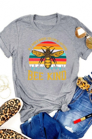 Popular Letter BEE KIND Printed Round Neck Curved Short Sleeve Graphic T-Shirt