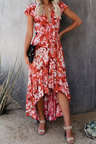Pretty Hot Short Sleeve Deep V-Neck Bow Tie Front All Over Floral Printed High Low Maxi Pleated Flowy Dress for Vacation