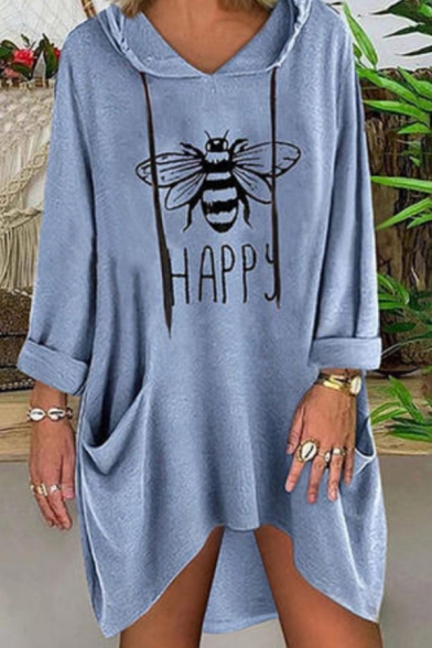 

Simple Bee HAPPY Letter Printed Long Sleeves Dual Pocket Irregular Hem Baggy Longline T-Shirt Hoodie, Blue, LC590856