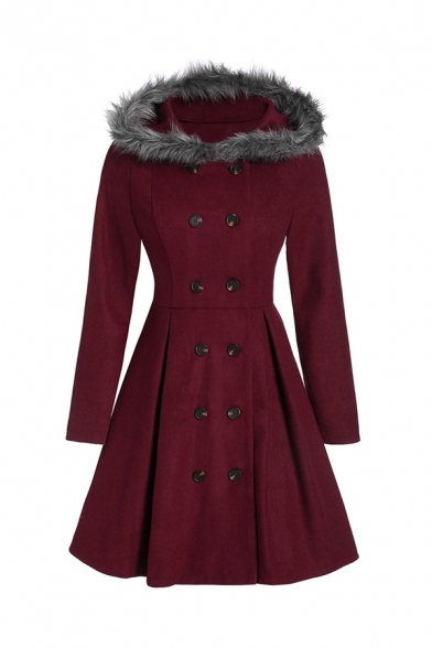 Stylish Fur Trimmed Hood Long Sleeves Double Breasted Longline Peplum Coat Plain Peacoat