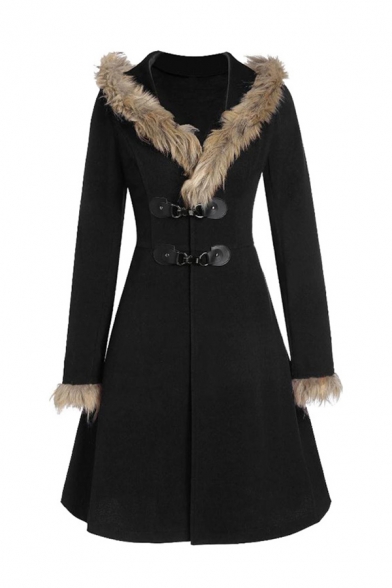 Long Sleeve Alloy Leather Buckle, Long Wool Coat With Fur Trimmed Hood