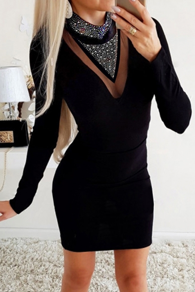Black Fancy Long Sleeve Mock Neck Glitter Panel Chevron Striped Mini Tight Dress for Party Girls
