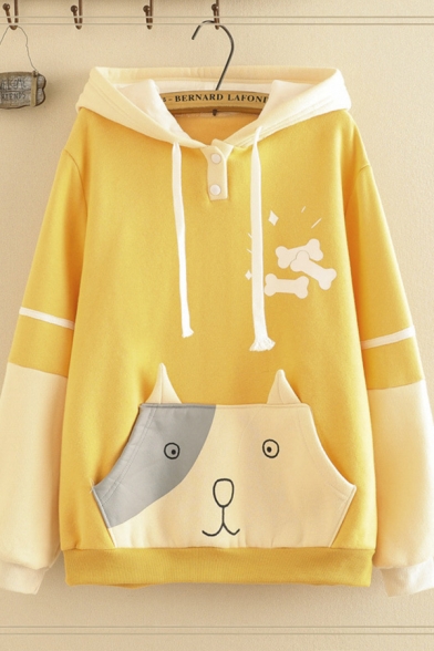 Casual Women's Long Sleeve Drawstring Bone Cat Printed Colorblock Relaxed Cat Ear Hoodie with Pocket