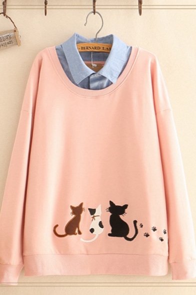 Chic Street Womens Long Sleeve Lapel Neck Cat Embroidered False Two-Piece Loose Fit Sweatshirt