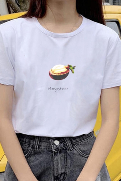 Classic Simple Girls Short Sleeve Crew Neck Prune Margosteen Lemon Graphic Fitted T Shirt in White