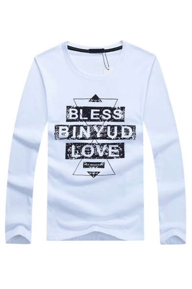 Classic Trendy Long Sleeve Round Neck Letter BLESS BINYUD LOVE Printed Fitted T Shirt for Men