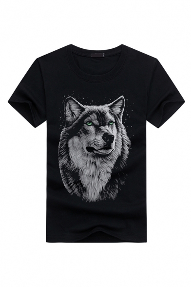 Cool Casual Men's Short Sleeve Round Neck Wolf Patterned Slim Fit T Shirt