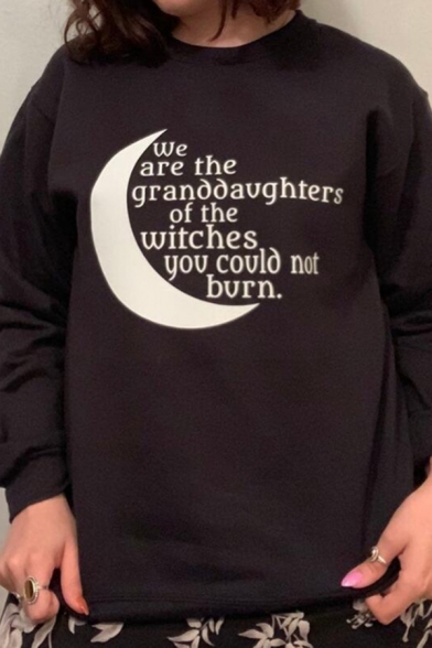 

Cool Girls Short Sleeve Round Neck Letter WE ARE THE GRANDDAUGHTERS OF THE WITCHES YOU COULD NOT BURN Moon Print Loose Sweatshirt in Black, LC600863