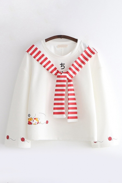 Cute Girls Long Sleeve Crew Neck Japanese Letter Cat Graphic Tied Striped Relaxed Fitted T Shirt