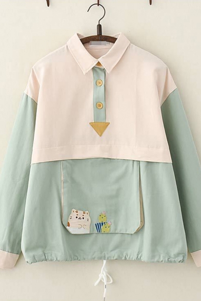 Cute Womens Long Sleeve Lapel Collar Button Up Cat Embroidered Colorblocked Drawstring Hem Patchwork Loose Jacket