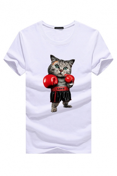 Designer Guys Short Sleeve Crew Neck Boxing Cat Patterned Fit Tee Top