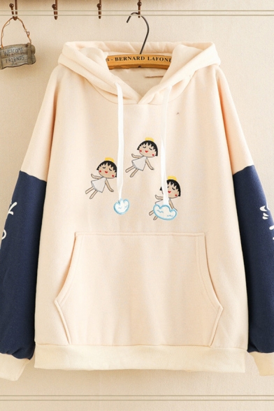 Fancy Girls Long Sleeve Drawstring Cartoon Printed Color Block Pouch Pocket Relaxed Hoodie