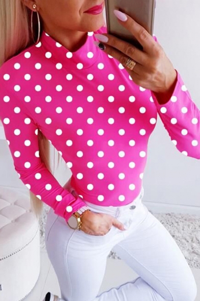 Fancy Girls' Long Sleeve Mock Neck Polka Dot Printed Slim Fit Tee in Pink