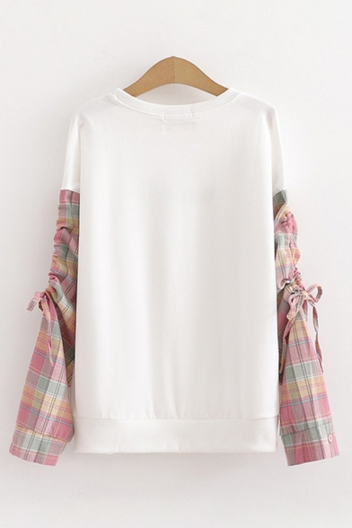 Fancy Popular Girls' Drawstring Sleeves Round Neck Letter NOW THE FUTURE Printed Checkered Panel Relaxed T Shirt